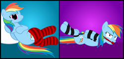 Size: 3500x1678 | Tagged: safe, artist:cardshark777, rainbow dash, pegasus, pony, g4, 2 panel comic, angry, bondage, bound and gagged, bound wings, clothes, comic, dashsub, digital art, female, femsub, furious, gag, glare, gradient background, helpless, hogtied, hooves behind back, hooves behind head, looking at you, lying down, mare, multicolored hair, open mouth, prone, rainbond dash, rainbow dash is not amused, rainbow hair, rainbow tail, red socks, rope, rope bondage, sock gag, socks, solo, submissive, tail, tied up, unamused, upset, wings