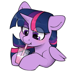 Size: 1000x1000 | Tagged: safe, artist:itsspoops, twilight sparkle, alicorn, pony, g4, blushing, cute, drink, female, horn, mare, multicolored hair, simple background, sipping, solo, sticker, transparent background, twilight sparkle (alicorn), wings