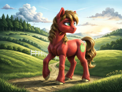 Size: 2560x1920 | Tagged: safe, ai assisted, ai content, artist:dovakkins, big macintosh, earth pony, pony, g4, cloud, cute, ear fluff, forest, macabetes, male, mouth hold, nature, outdoors, raised hoof, scenery, scenery porn, smiling, stallion, straw in mouth, sunset, tail, tree, unshorn fetlocks, watermark, wavy mane, wavy tail