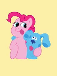 Size: 765x1020 | Tagged: safe, artist:weirdobr0ny, pinkie pie, dog, earth pony, pony, g4, blue (blue's clues), blue's clues, crossover, duo, female, simple background, tongue out, yellow background