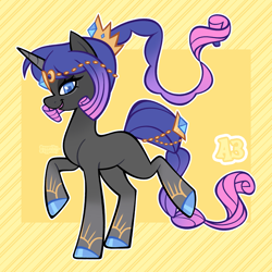 Size: 3000x3000 | Tagged: safe, artist:3ggmilky, part of a set, oc, oc only, pony, unicorn, g4, adoptable, baldur's gate, bangs, blank flank, blue eyes, blue hooves, blue pupils, braid, braided ponytail, braided tail, circlet, colored hooves, colored horn, colored pupils, crossover fusion, crown, eye markings, eyelashes, female, female oc, flowing mane, flowing tail, fusion, fusion:rarity, fusion:shadowheart, gradient legs, gradient mane, gradient tail, gray coat, high ponytail, high res, hooves, horn, jewelry, leg markings, lidded eyes, long mane, long tail, looking at you, looking down, mare, mare oc, open mouth, open smile, outline, passepartout, ponytail, profile, purple mane, purple tail, raised hoof, regalia, ringlets, shiny hooves, sidebangs, signature, smiling, solo, square pupils, standing on two hooves, striped background, tail, tail jewelry, tiara, unicorn horn, unicorn oc, yellow text