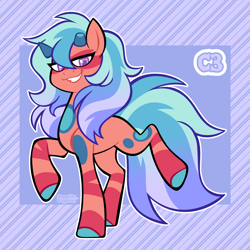 Size: 3000x3000 | Tagged: safe, artist:3ggmilky, part of a set, oc, oc only, earth pony, pony, g4, adoptable, blank flank, blue hooves, body markings, bushy tail, coat markings, colored hooves, colored horns, colored pupils, corrupted, corrupted gem, crossover fusion, cut horn, earth pony oc, eyelashes, facial markings, female, female oc, fluffy mane, fluffy tail, fusion, fusion:jasper (steven universe), fusion:trixie, gradient mane, gradient tail, grin, high res, hooves, horns, leg markings, leg stripes, lidded eyes, long mane, long tail, looking at you, looking down, mare, mare oc, orange coat, outline, passepartout, pink eyes, purple eyes, purple pupils, purple text, raised hoof, raised leg, signature, smiling, solo, square pupils, standing on two hooves, steven universe, striped background, stripes, tail, three quarter view