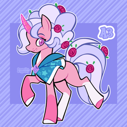 Size: 3000x3000 | Tagged: safe, artist:3ggmilky, part of a set, oc, oc only, pony, unicorn, g4, adoptable, blank flank, brooch, cape, clothes, coat markings, colored hooves, colored horn, colored pupils, crossover fusion, curly mane, curved horn, diamond pupils, eyelashes, eyeshadow, female, female oc, flower, flower in hair, flower in tail, fusion, fusion:pink diamond (steven universe), fusion:trixie, grin, high res, hooves, horn, jewelry, lavender mane, lavender tail, looking at you, magenta eyes, magenta pupils, makeup, mare, mare oc, mismatched hooves, neck markings, outline, passepartout, pink coat, pink eyes, pink eyeshadow, pink hooves, pink pupils, profile, purple mane, purple tail, purple text, raised hoof, raised leg, rose, shiny horn, signature, smiling, socks (coat markings), solo, standing on two hooves, steven universe, striped background, tail, two toned mane, two toned tail, unicorn oc