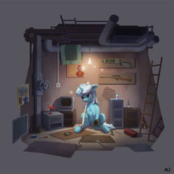 Size: 2000x2000 | Tagged: safe, artist:little_mouse, oc, oc only, pony, unicorn, fallout equestria, bandage, bottle, computer, fallout, gun, horn, indoors, injured, ladder, rifle, screwdriver, solo, tape, toolbox, weapon, wrench