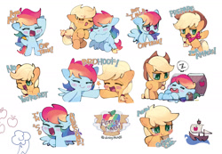 Size: 1791x1240 | Tagged: safe, artist:dusty-munji, applejack, rainbow dash, earth pony, pegasus, pony, g4, apple, barrel, bipedal, blushing, chibi, cute, dashabetes, eyes closed, female, food, jackabetes, lesbian, mare, ship, ship:appledash, shipping, simple background, sleeping, white background, z, zap apple