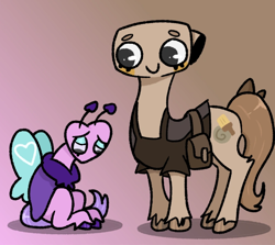 Size: 930x830 | Tagged: safe, artist:zhonva, part of a set, ammonite, butterfly, pony, bag, clothes, dandy's world, duo, female, flutter (dandy's world), fossil, gradient background, mare, ponified, roblox, rule 85, sad, saddle bag, shelly (dandy's world), unshorn fetlocks, wat