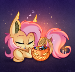 Size: 3000x2912 | Tagged: safe, artist:pesty_skillengton, fluttershy, bat pony, pony, g4, bat ponified, candle, candy, chocolate, cute, female, flutterbat, food, halloween, holiday, lollipop, m&m's, milky way bar, nutella, pumpkin, pumpkin bucket, race swap, shyabates, shyabetes, sketch, sleeping, snickers, solo