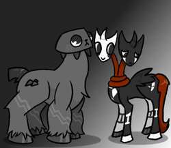 Size: 937x815 | Tagged: safe, artist:zhonva, part of a set, alicorn, dog, earth pony, pony, comedy mask, dandy's world, duo, gradient background, gray fur, horn, male, multiple heads, pebble (dandy's world), ponified, razzle and dazzle (dandy's world), roblox, rock, rule 85, short tail, stallion, tail, tragedy mask, two heads, unshorn fetlocks, wat, wings