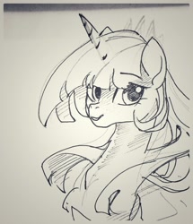 Size: 1636x1899 | Tagged: safe, artist:tingsan, twilight sparkle, alicorn, pony, g4, black and white, crown, female, grayscale, jewelry, looking at you, monochrome, regalia, simple background, smiling, solo, traditional art, twilight sparkle (alicorn), white background