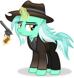 Size: 3830x4040 | Tagged: safe, artist:anime-equestria, lyra heartstrings, pony, unicorn, g4, alternate hairstyle, clothes, cowboy hat, female, gun, handgun, hat, holster, horn, jewelry, levitation, magic, mare, necklace, revolver, simple background, solo, telekinesis, transparent background, vector, weapon, western