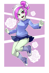 Size: 2000x3000 | Tagged: safe, artist:nekojackun, oc, oc only, oc:rosemile mulberry, human, equestria girls, g4, clothes, female, flower, leg warmers, looking at you, microskirt, miniskirt, open mouth, passepartout, rose, schrödinger's pantsu, skirt, smiling, solo, sweater