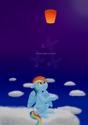 Size: 2480x3508 | Tagged: safe, artist:samenandsam, rainbow dash, pegasus, pony, g4, cloud, high res, lantern, looking at something, on a cloud, paper lantern, raised hoof, sitting, sitting on a cloud, sky, solo, stars, text, wings