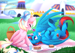 Size: 1260x900 | Tagged: safe, artist:scarlet-spectrum, oc, oc only, oc:bay breeze, oc:swiftwing, pegasus, pony, g4, basket, belly, bow, building, canterlot, couple, cute, duo, duo male and female, eyes closed, female, flower, folded wings, food, grass, hair bow, happy, large wings, lying down, male, mare, mouth hold, oc x oc, on back, outdoors, picnic, picnic basket, picnic blanket, sandwich, shipping, spread wings, stallion, straight, swiftbreeze, tail, tail bow, wings