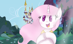 Size: 716x432 | Tagged: safe, artist:hawk9mm, artist:moreappletwiffle, princess celestia, pony, unicorn, g4, canterlot, canterlot castle, castle, cewestia, cute, day, female, filly, filly celestia, foal, heart, heart eyes, horn, open mouth, outdoors, pink-mane celestia, race swap, solo, unicorn celestia, wingding eyes, younger