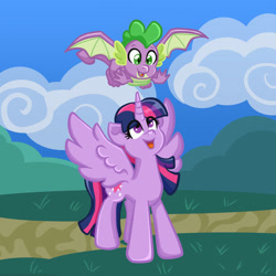 Size: 1500x1500 | Tagged: safe, artist:yoshimarsart, spike, twilight sparkle, alicorn, dragon, pony, g4, cute, duo, duo male and female, female, flying, happy, male, mare, outdoors, spikabetes, twiabetes, twilight sparkle (alicorn), winged spike, wings