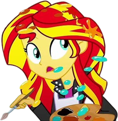 Size: 2472x2520 | Tagged: safe, edit, edited screencap, editor:mrtoonlover83, screencap, sunset shimmer, human, equestria girls, g4, my little pony equestria girls: summertime shorts, the art of friendship, apron, background removed, clothes, easel, female, needs more jpeg, not a vector, paint, paintbrush, palette, simple background, solo, transparent background