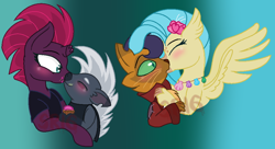 Size: 942x512 | Tagged: safe, artist:superrosey16, capper dapperpaws, grubber, princess skystar, tempest shadow, abyssinian, cat, classical hippogriff, hippogriff, anthro, g4, my little pony: the movie, crack shipping, female, grubbest, interspecies, kiss on the lips, kissing, male, shipping, size difference, skycapper, smaller male, straight