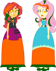 Size: 2789x3517 | Tagged: safe, artist:cartoonmasterv3, fluttershy, sunset shimmer, human, undead, zombie, equestria girls, g4, clothes, disguise, dress, duo, duo female, female, halloween, halloween 2024, holiday, infected, long dress, long skirt, simple background, skirt, transparent background, vector