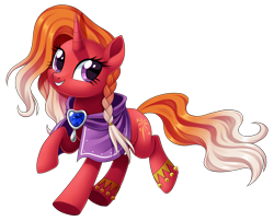 Size: 2723x2202 | Tagged: safe, artist:centchi, firebrand, pony, unicorn, g4, my little pony: tails of equestria, bells, braid, brooch, cape, clasp, clothes, cute, female, horn, jewelry, mare, simple background, solo, transparent background