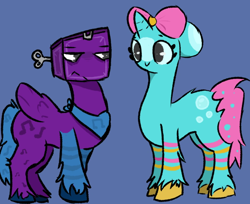 Size: 1006x821 | Tagged: safe, artist:zhonva, part of a set, pegasus, pony, unicorn, annoyed, bandana, blue background, bow, boxten (dandy's world), bubble, dandy's world, duo, female, hair bow, horn, male, mare, music box, ponified, poppy (dandy's world), roblox, rule 85, simple background, stallion, unshorn fetlocks, wat, wings