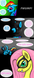 Size: 400x900 | Tagged: safe, artist:haretrinity, fluttershy, rainbow dash, pony, g4, 2011, comic, cupcake, dialogue, female, food, mare, teeth, text, zipper