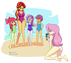 Size: 1866x1664 | Tagged: safe, artist:twilite-sparkleplz, apple bloom, fluttershy, scootaloo, sunset shimmer, sweetie belle, human, equestria girls, g4, apple bloom's bow, beach, blue swimsuit, bow, breasts, busty fluttershy, busty sunset shimmer, butt, camera, cleavage, clothes, cutie mark crusaders, eyes closed, female, flutterbutt, green swimsuit, hair bow, hand on hip, happy, ocean, one-piece swimsuit, open mouth, open smile, outdoors, purple swimsuit, sky, smiling, swimsuit, water, white swimsuit