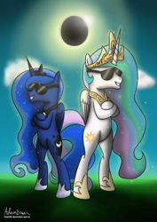 Size: 2059x2912 | Tagged: safe, artist:greenflyart, princess celestia, princess luna, alicorn, pony, g4, bipedal, cloud, crossed hooves, crown, duo, eclipse, ethereal mane, ethereal tail, female, hoof shoes, jewelry, mare, regalia, royal sisters, siblings, simple background, sisters, smiling, solar eclipse, starry mane, starry tail, sunglasses, tail, transparent background