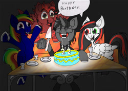 Size: 1714x1218 | Tagged: safe, artist:micaruss, oc, oc only, oc:black cross, oc:emala jiss, oc:rainbow storm, oc:tootsie4ever, pegasus, pony, unicorn, zebra, birthday cake, birthday gift, cake, candle, female, food, happy birthday, horn, male, mare, stallion, table