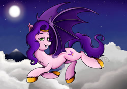 Size: 1024x725 | Tagged: safe, artist:greenflyart, pipp petals, bat pony, pegasus, pony, g5, bat ponified, bat wings, fangs, female, flying, looking at you, mare, night, outdoors, pippbat, race swap, smiling, smiling at you, solo, spread wings, wings