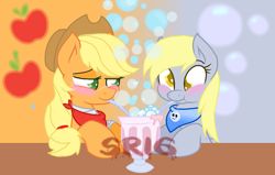 Size: 1176x748 | Tagged: safe, artist:joey darkmeat, artist:superrosey16, applejack, derpy hooves, earth pony, pegasus, pony, g4, abstract background, base used, bib, blushing, bubble, cute, cutie mark background, derpabetes, drink, drinking, duo, female, handkerchief, jackabetes, lesbian, mare, milkshake, sharing a drink, ship:derpyjack, shipping, smiling, straw