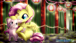 Size: 1920x1080 | Tagged: safe, artist:tokokami, fluttershy, pegasus, pig, pony, g4, blushing, chest fluff, chinese new year, cute, duo, ear fluff, female, frog (hoof), lantern, mare, shyabetes, underhoof, year of the pig