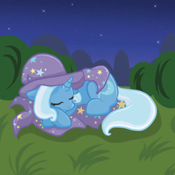 Size: 1500x1500 | Tagged: safe, artist:yoshimarsart, trixie, pony, g4, cape, clothes, female, hat, sleeping, solo, trixie's cape, trixie's hat