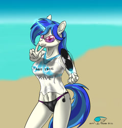 Size: 1528x1596 | Tagged: safe, alternate version, artist:thunderblitz1, dj pon-3, vinyl scratch, unicorn, anthro, g4, abs, beach, belly, belly button, clothes, female, glasses, glowing, glowing horn, horn, multiple variants, ocean, outdoors, peace sign, shirt, solo, swimsuit, t-shirt, water