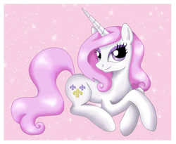 Size: 950x779 | Tagged: safe, artist:mel-rosey, fleur-de-lis, pony, unicorn, g4, cute, female, fleurabetes, horn, lying down, mare, passepartout, prone, solo