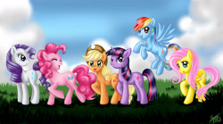 Size: 1800x1000 | Tagged: safe, artist:mana-kyusai, applejack, fluttershy, pinkie pie, rainbow dash, rarity, twilight sparkle, earth pony, pegasus, pony, unicorn, g4, female, horn, mane six, mare, unicorn twilight