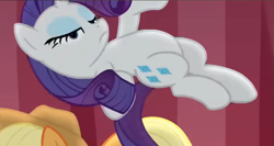 Size: 759x403 | Tagged: safe, screencap, applejack, rarity, pony, unicorn, fame and misfortune, g4, cropped, duo, duo female, female, horn, lidded eyes, midair, offscreen character, solo focus, we're not flawless