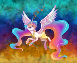 Size: 1499x1230 | Tagged: safe, artist:derpsonhooves, princess celestia, alicorn, pony, g4, female, flying, magic, mare, solo