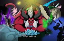 Size: 3045x1970 | Tagged: safe, artist:chibiorochimaru, discord, king sombra, lord tirek, nightmare moon, queen chrysalis, sonata dusk, alicorn, changeling, changeling queen, draconequus, pony, siren, unicorn, equestria girls, g4, card, female, horn, magic, male, mare, poker, poker night, stallion, telekinesis