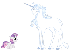 Size: 2914x2057 | Tagged: safe, artist:westphalianartist, sweetie belle, classical unicorn, horse, pony, unicorn, g4, amalthea, cloven hooves, concave belly, duo, duo female, female, fetlock tuft, filly, foal, horn, leonine tail, long horn, mare, slender, tail, tall, the last unicorn, thin, unshorn fetlocks