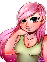 Size: 1165x1530 | Tagged: safe, artist:paintcoloryt, fluttershy, human, g4, blushing, breasts, cleavage, clothes, female, hand on chin, humanized, shirt, simple background, solo, transparent background