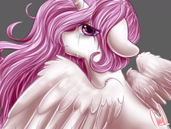 Size: 1600x1200 | Tagged: safe, artist:paintcoloryt, princess celestia, alicorn, pony, g4, crying, female, floppy ears, gray background, horn, looking at you, mare, pink hair, pink-mane celestia, simple background, solo, wings