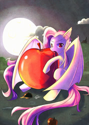 Size: 1240x1753 | Tagged: safe, artist:rizkitsuneki, fluttershy, bat pony, pony, g4, apple, bat ponified, female, flutterbat, food, giant apple, giant food, imminent stuffing, long mane, long tail, moon, night, outdoors, race swap, solo, tail