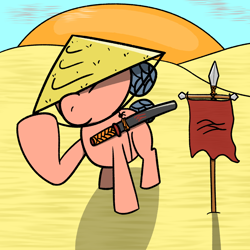 Size: 1500x1500 | Tagged: safe, artist:wren, oc, oc only, pony, asian conical hat, banner, clothes, desert, female, hat, katana, mare, outdoors, samurai, sand, solo, spear, straw hat, sun, sword, tribal, weapon