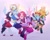 Size: 1280x1016 | Tagged: safe, artist:rabis down, applejack, fluttershy, pinkie pie, rainbow dash, rarity, twilight sparkle, alicorn, earth pony, pegasus, pony, unicorn, semi-anthro, g4, abstract background, bipedal, clothed ponies, clothes, commission, eyes closed, female, gradient background, grin, horn, magical girl, mane six, mare, pose, sailor chibi moon, sailor jupiter, sailor mars, sailor mercury, sailor moon, sailor moon (series), sailor senshi, sailor uniform, sailor venus, skirt, smiling, socks, spanish description, twilight sparkle (alicorn), uniform, watermark