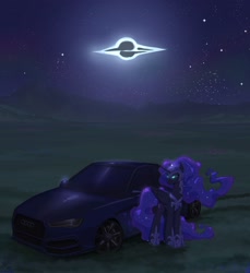 Size: 2000x2180 | Tagged: safe, artist:kirasunnight, nightmare moon, alicorn, pony, g4, audi, audi s3 2018, blue car, car, female, helmet, hoof shoes, mare, moon, mountain, night, nightmare moon armor, outdoors, peytral, solo, starry sky, stars