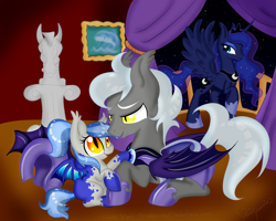 Size: 2000x1600 | Tagged: safe, artist:pvrii, princess luna, oc, oc:charcoal dash, oc:midnight radiance, bat pony, pony, g4, female, filly, foal, night guard