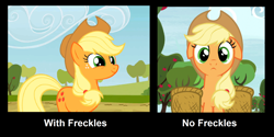 Size: 2000x1000 | Tagged: safe, edit, edited screencap, screencap, applejack, earth pony, pony, g4, animation error, apple, apple tree, applejack's hat, cowboy hat, female, floppy ears, freckles, hat, no freckles, op is wrong, outdoors, solo, tree