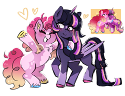 Size: 2285x1751 | Tagged: safe, artist:emera33, pinkie pie, twilight sparkle, alicorn, earth pony, pony, g4, blushing, chest fluff, coat markings, colored hooves, eyes closed, facial markings, female, floating heart, freckles, grin, heart, hoof around neck, hooves, lesbian, mare, multicolored hooves, redraw, ship:twinkie, shipping, simple background, smiling, socks (coat markings), star (coat marking), twilight sparkle (alicorn), unshorn fetlocks, white background