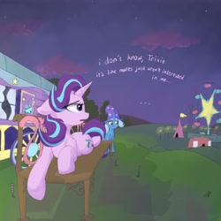 Size: 4096x4096 | Tagged: safe, artist:zzzsleepy, starlight glimmer, trixie, pony, unicorn, g4, bench, blushing, chest fluff, clothes, dialogue, duo, duo female, female, ferris wheel, floppy ears, hat, horn, irony, lesbian, lying down, night, oblivious, open mouth, outdoors, ship:startrix, shipping, shoulder fluff, sweat, trixie's hat, trixie's wagon, wagon