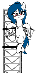 Size: 387x785 | Tagged: safe, artist:anonymous, oc, oc only, oc:spacexpone, earth pony, pony, catching, colored, current events, earth pony oc, eyebrows, eyebrows visible through hair, female, female oc, flat colors, holding on, incoming hug, inviting you, jewelry, launch tower, looking at you, mare, mare oc, necklace, ponified, ponytail, simple background, solo, spacex, starship flight test 5, white background